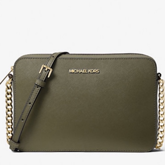 Michael Kors Handbags - Michael Kors Jet Set Large East West Olive Leather Crossbody Handbag Purse